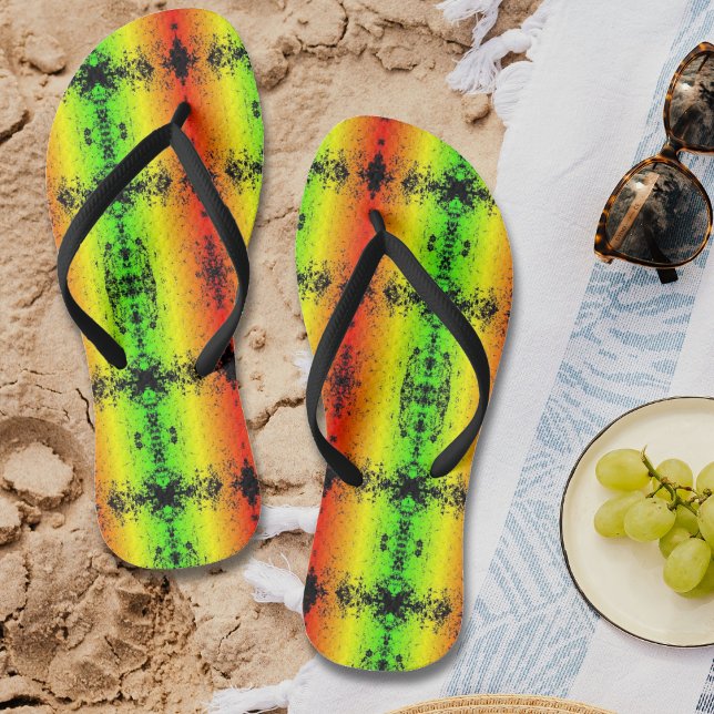Chinelos Jamaica Neon Rasta Cores Grunge Dificultado (Jamaica Neon Rasta Colors Grunge Distressed Flip Flops)