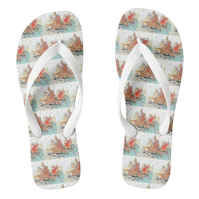 Chinelos Laranja Conchas na pintura aquosa de praia (Pé da cama)