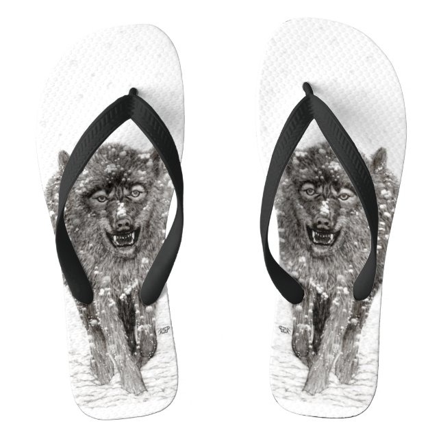 Chinelos Lobo Negro Zangado na Neve, inverno selvagem (Pé da cama)