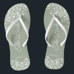 Chinelos Lugar Branco em Sage Green O Casamento Elegante No<br><div class="desc">Dance a noite fora com essas belas chinelos de casamento. Projetados para a noiva, eles apresentam um design simples, mas elegante, com letras de rico em um fundo verde sábio e curvas de rendas brancas e espirais. Uma bela maneira de se manter rico e apropriado enquanto dá uma pausa nos...</div>