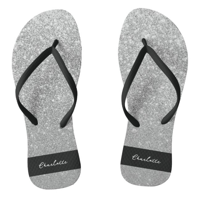 Chinelos Luxury Sparkle Silver Glitter Name (Pé da cama)