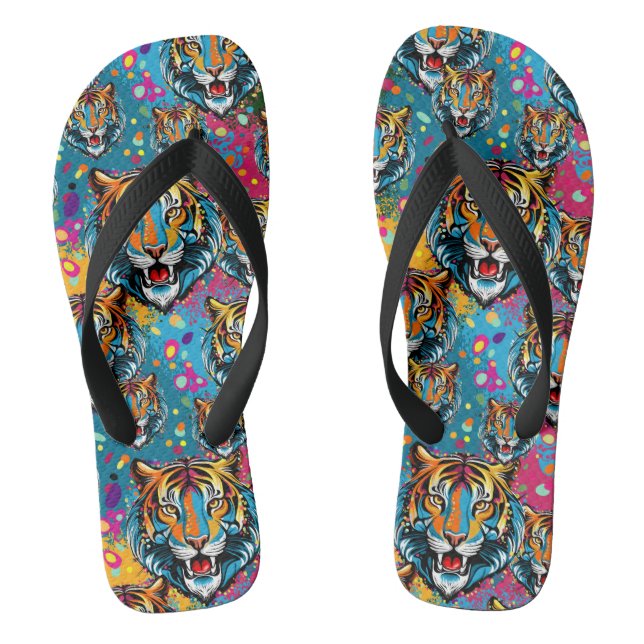 Chinelos Manchas de tinta cores Arco-íris Cabeça de Tigre (Pé da cama)