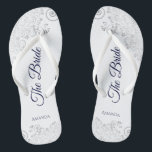Chinelos Marinho de rendas prateadas azul em branco Casamen<br><div class="desc">Dance a noite fora com essas belas chinelos de casamento. Projetados para a noiva, eles apresentam um design simples, mas elegante, com letras marinhos azuis em um fundo branco e ricos de cinza prateada, e espirais. Uma bela maneira de se manter rico e apropriado enquanto dá uma pausa nos pés...</div>