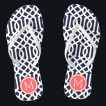 Chinelos Marinho e Coral Trellis Monograma<br><div class="desc">sandálias de flutuação de sacudir impressas personalizadas com um padrão de pisca moderno na moda e um monograma personalizado ou outro texto em um quadro circular. Clique em Personalizar para alterar as fontes e cores do texto ou adicionar suas próprias imagens para criar uma única design!</div>