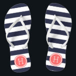 Chinelos Monograma das tiras de pré-disquete de marinho e c<br><div class="desc">sandálias de flutuação de sacudir impressas personalizadas com um padrão de stripe náutica de pré-disquete e seu monograma personalizado ou outro texto em um quadro circular. Clique em Personalizar para alterar as fontes e cores do texto ou adicionar suas próprias imagens para criar uma única design!</div>