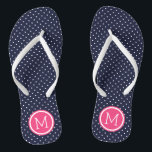 Chinelos Monograma de pontos finos cor-de-rosa e marinho<br><div class="desc">sandálias de flutuação de sacudir impressas personalizadas com um padrão de bolinhas giro e um monograma personalizado ou outro texto em círculo. Clique em Personalizar para alterar as fontes e cores do texto ou adicionar suas próprias imagens para criar uma única design!</div>