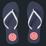 Chinelos Monograma de pontos finos de marinho e coral<br><div class="desc">sandálias de flutuação de sacudir impressas personalizadas com um padrão de bolinhas giro e um monograma personalizado ou outro texto em círculo. Clique em Personalizar para alterar as fontes e cores do texto ou adicionar suas próprias imagens para criar uma única design!</div>