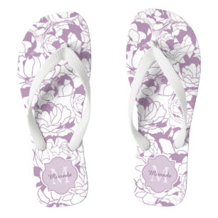 Chinelos Monograma De Rapariga Floral Roxo Moderno Com Nome