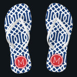 Chinelos Monograma do Red White e do Blue Trellis<br><div class="desc">sandálias de flutuação de sacudir impressas personalizadas com um padrão de pisca moderno na moda e um monograma personalizado ou outro texto em um quadro circular. Clique em Personalizar para alterar as fontes e cores do texto ou adicionar suas próprias imagens para criar uma única design!</div>