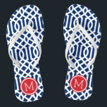 Chinelos Monograma do Red White e do Blue Trellis<br><div class="desc">sandálias de flutuação de sacudir impressas personalizadas com um padrão de pisca moderno na moda e um monograma personalizado ou outro texto em um quadro circular. Clique em Personalizar para alterar as fontes e cores do texto ou adicionar suas próprias imagens para criar uma única design!</div>