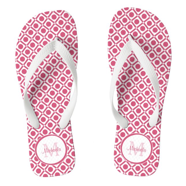 Chinelos Monograma Geométrico Moderno Rosa e Branco Com Nom (Pé da cama)