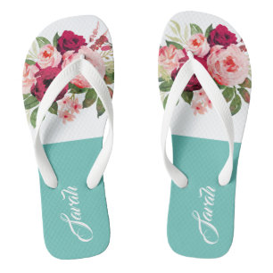 Chinelos Monograma lindo aquarela floral Azul Borgonha