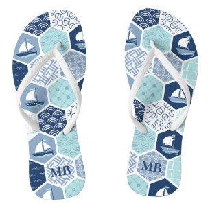 Chinelos Monograma Personalizado de Velero Náutico Azul