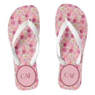 Chinelos Monograma Rosa Branco Magenta Floral Elegante Boho