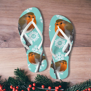 Chinelos Monogrammed Snowflake Robin Bird Natal em julho