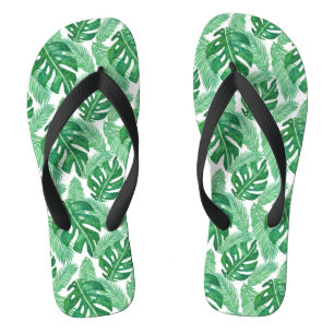 Chinelos Monstera Tropical Leaf Patterno Verde e Branco
