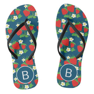 Chinelos Morango e Flor Padrão Azul Monogramado