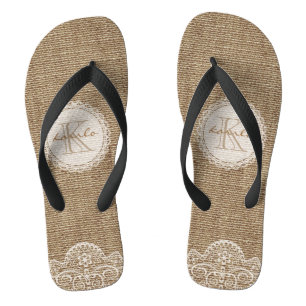 Chinelos Na moda Shabby Rustic Burlap Lace Wedch Monograma