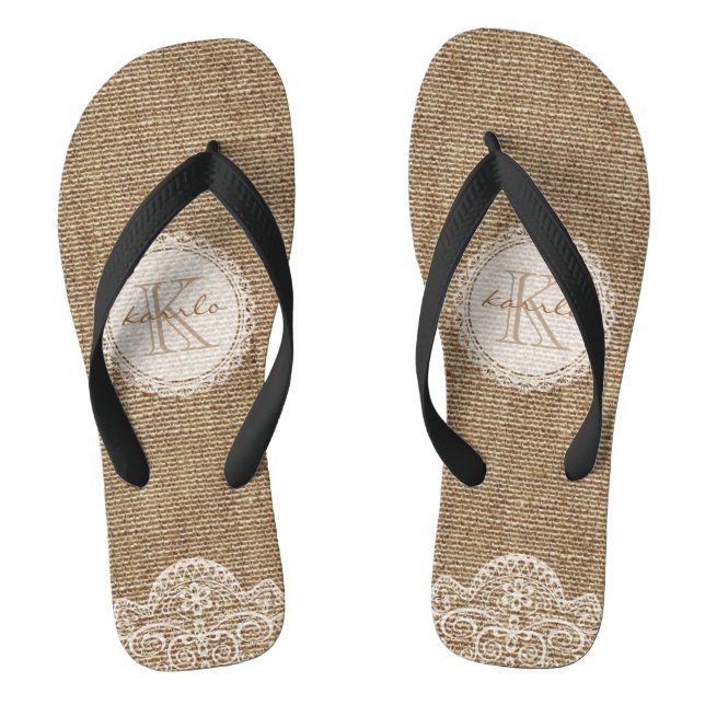 Chinelos Na moda Shabby Rustic Burlap Lace Wedch Monograma (Pé da cama)