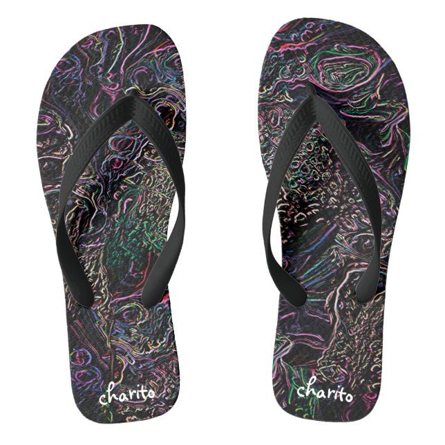 Chinelos Neon Rainbow Marbbles Lines Bubbles Vibrante Preto (Pé da cama)