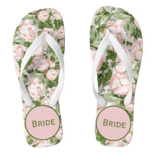 Chinelos Noiva Floral Rosa Verde Elegante Monograma