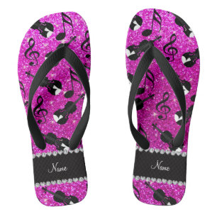 Chinelos O nome personalizado neon pink glitter viola notas