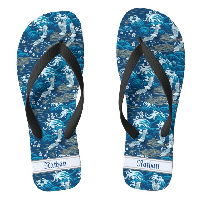 Chinelos Ondas de Padrão Chinês Azul Antigo Grous Nuvens (Pé da cama)