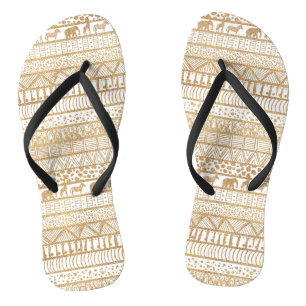 Chinelos Padrão Africano Trendy Branco e Dourado Tribal