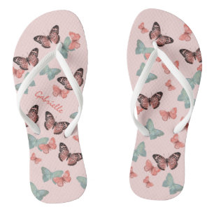 Chinelos Padrão de Borboleta Coral Rosa & Verde Água - Pers