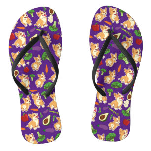 Chinelos Padrão de comida de vegetais e Corgi fofo Roxo