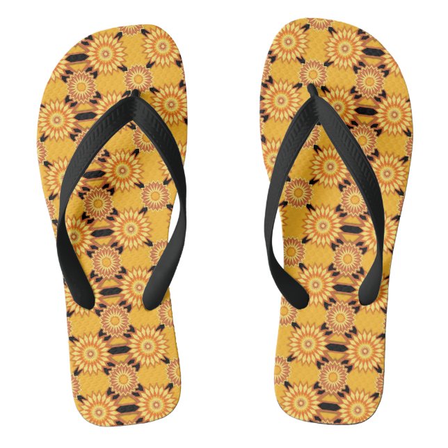 Chinelos Padrão de flor geométrico de verão amarelo e preto (Pé da cama)
