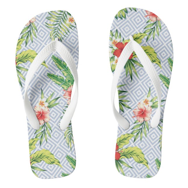 Chinelos Padrão de Flor Havaiano Pastel Blue Geométrico Pat (Pé da cama)