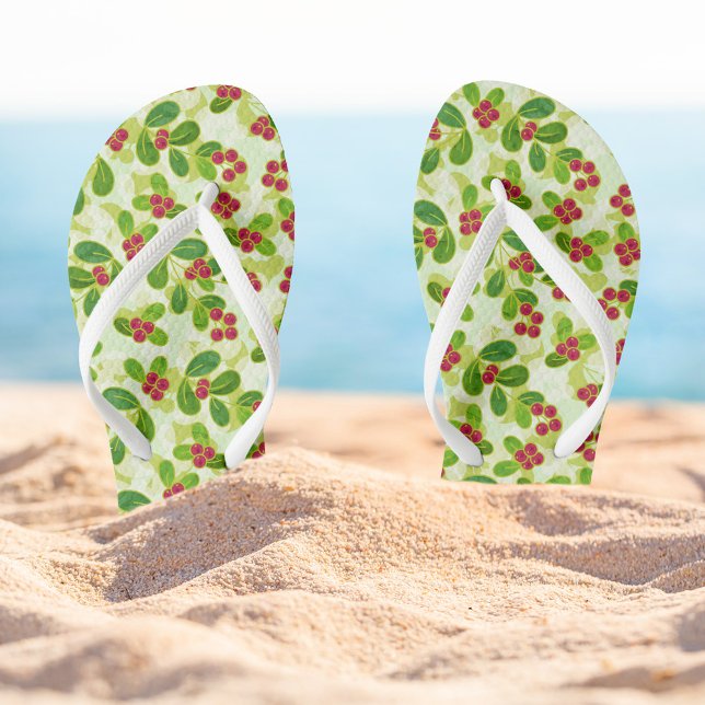 Chinelos Padrão de Fruta de amora festiva, verde (Festive Cranberry Pattern FlipFlops)