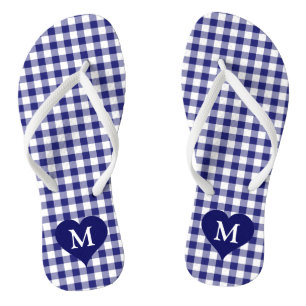 Chinelos Padrão de Gingham Verificado com Azul do Coraçã