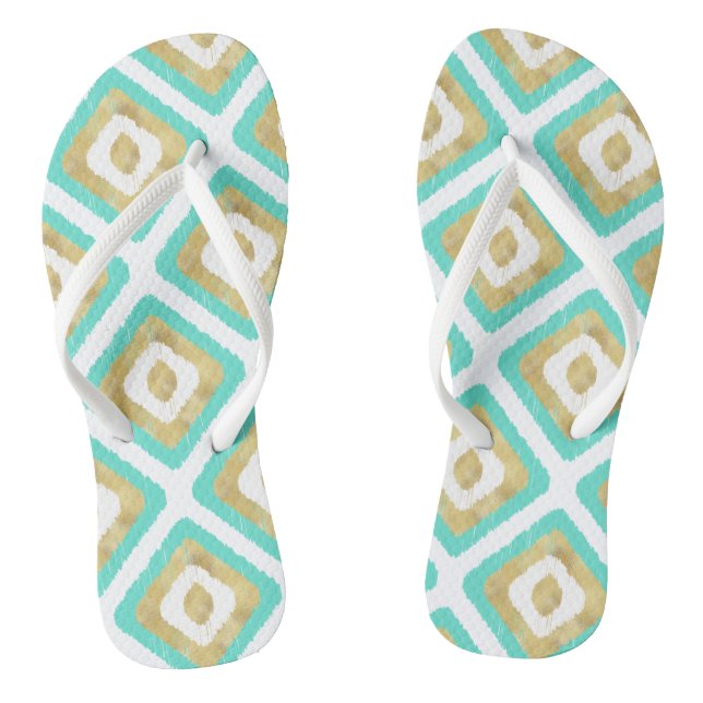 Chinelos Padrão de Ikat Chic Dourado e Turquoise (Pé da cama)