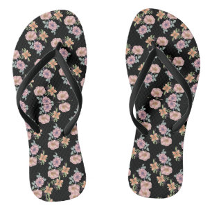 Chinelos Padrão de impressão floral rosa em preto