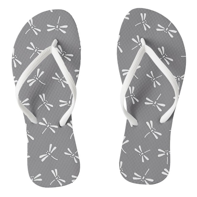 Chinelos Padrão de Libélula Japonesa, Cinza e Branco (Pé da cama)