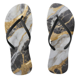 Chinelos Padrão de mármore preto e branco com Dourado