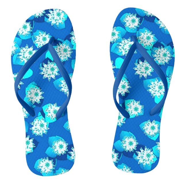Chinelos Padrão de Nenúfar, turquesa, azul e branco (Pé da cama)