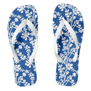 Chinelos Padrão De Repetição Floral Azul E Branco