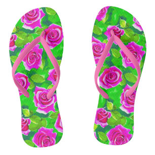 Chinelos Padrão de Rosa de Aquarela Rosa Fuchsia