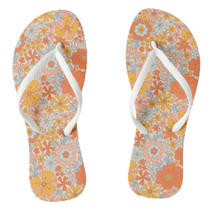 Chinelos Padrão do Flor Retro Laranja