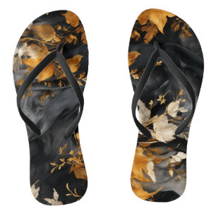 Chinelos Padrão Dourado Floral  Elegante Preto