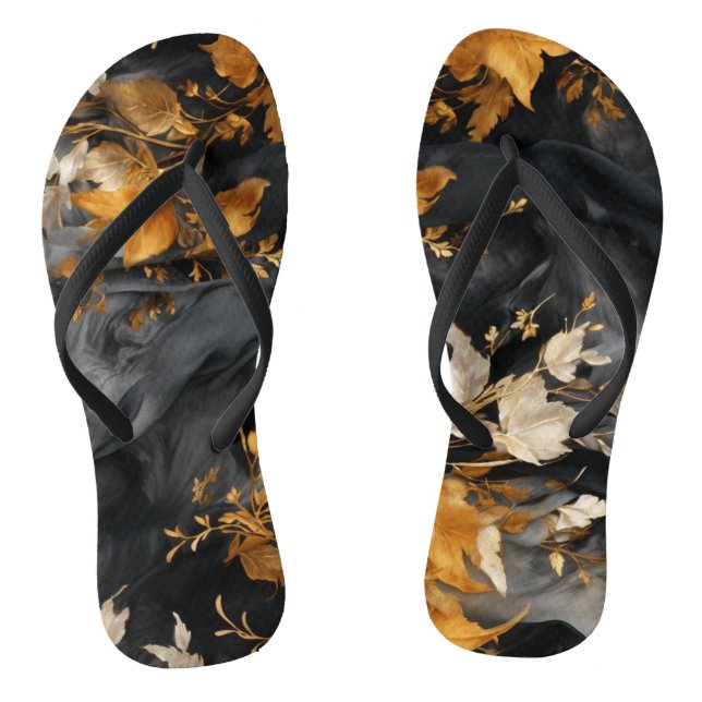 Chinelos Padrão Dourado Floral  Elegante Preto (Pé da cama)