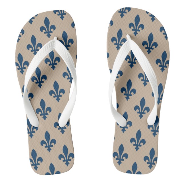 Chinelos Padrão Fleur de Lis, Azul Real Francês em Creme (Pé da cama)