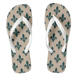 Chinelos Padrão Fleur de Lis, Verde Real Francês sobre Crem