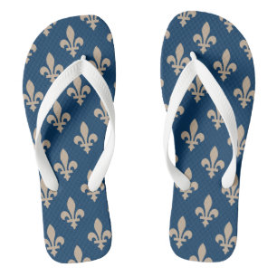 Chinelos Padrão Flor de Lis, Real Francês, Creme no Azul
