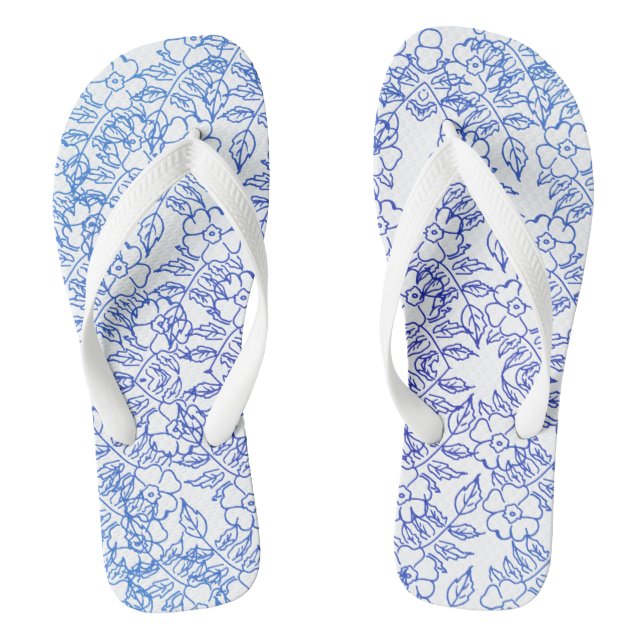 Chinelos padrão floral azul em branco (Pé da cama)