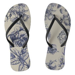 Chinelos Padrão Floral Botânico Toile Azul Vintage Antigo