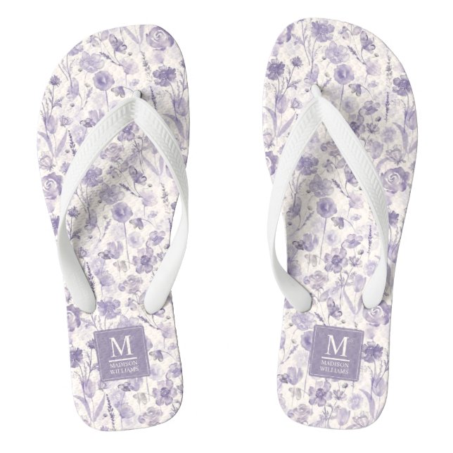 Chinelos Padrão Floral de Flores de Lavanda Roxo Aquarela (Pé da cama)